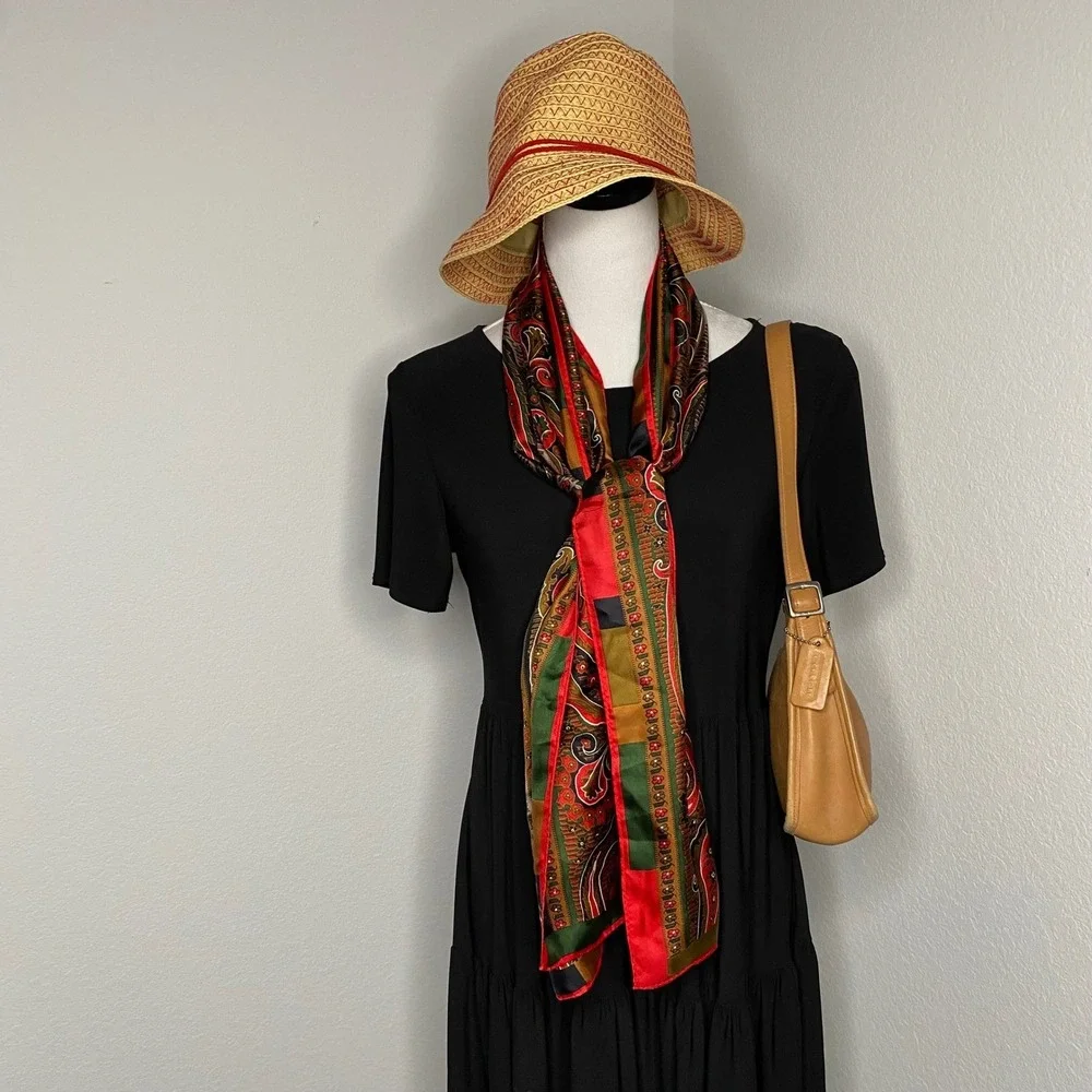 Ann‎ Taylor Womens Straw Bucket Hat Tan Red Zigzag Stitch Sun Hat Cottagecore